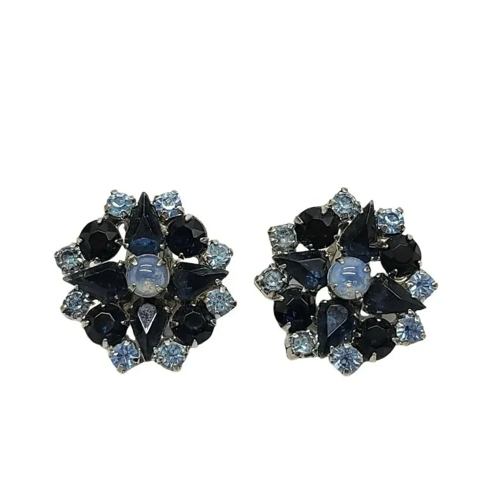 Dual Light Dark Blue Rhinestone Silver Tone Clip Earrings Mid Century